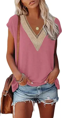 Image de ASKSA Femme T-shirt manches courtes col V Elegant Tunique Hauts Eté Lâches Casual Tops, Rose, M