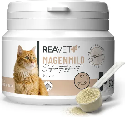 Produktbild von REAVET Magenmild Pulver für Katzen – Magenpulver bei empfindlichem Magen, Neigung zu Erbrechen, Würgen, Sodbrennen oder weichem Kot – Naturrein mit Bentonit, Heilerde I 50g