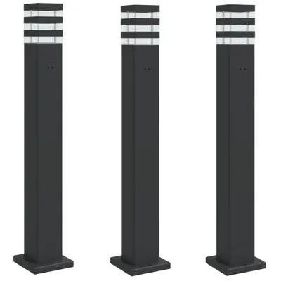 Three black bollard lights are displayed against a white background.
