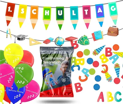 Produktbild von Hängedekoration XXL Einschulung Schulanfang Set über 100 Teile - erster Schultag Deko (Packung, 100 St., über 100 Teile), Wiederverwendbar