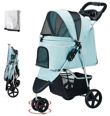 Image de Poussette pour chien, jusqu'à 15 kg, pliable, avec panier de rangement et fenêtres en filet, de couleur bleue