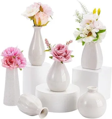 Image de Ensemble de 6 mini-pots en céramique en forme de fleurs, de différentes formes, pour une décoration champêtre. Idéal pour les fleurs et les plantes d'intérieur, ainsi que pour la table à manger. Dimensions : 43-65 x 70-100 mm
