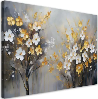 Produktbild von Leinwandbild Abstrakt Baum Blumen Gold 90x60 Feeby Grau bild für die wand bereit zum aufhängen