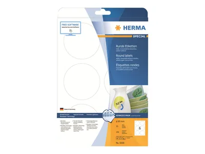 Obrázok produktu pre HERMA Special - papier - matný - samolepiaci, odstrániteľné lepidlo - biely - 85 mm okrúhly 150 štítkov (25 listov x 6)