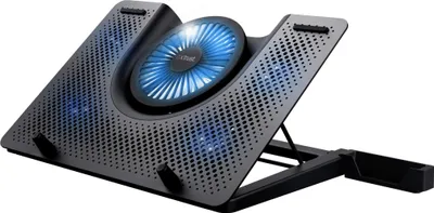 A black laptop cooling pad with blue LED lights.