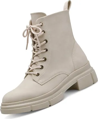 A single beige lace-up boot with a thick sole is shown against a white background.