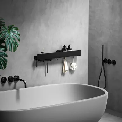 Image de Étagère de douche sans perçage, 60 cm, en acier inoxydable noir, avec 5 crochets