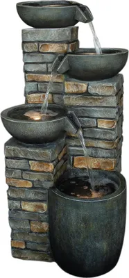 Produktbild von Dehner Gartenbrunnen Mattone, Outdoor-Brunnen mit warmweißer LED-Beleuchtung, solarfähig, ca. 46 x 89 x 43 cm, Polyresin, grau