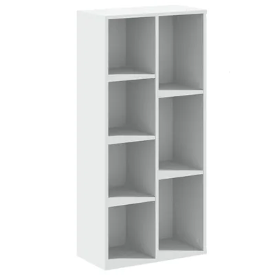 A white, multi-compartment shelving unit.