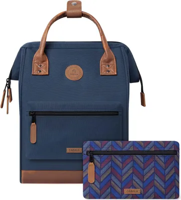 A blue backpack and a patterned pouch are shown against a white background.