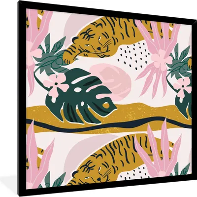 Produktbild von MuchoWow® MuchoWow® Gerahmtes Poster Muster - Tiger - Rosa 40x40 cm - Poster mit zchwarzem Bilderrahmen - Mit Rahmen - Wanddekoration Schlafzimmer