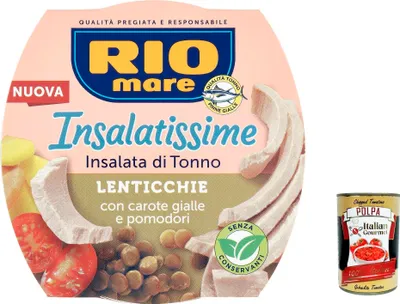 Produktbild von 12x Rio Mare Insalatissime Insalata di Tonno Lenticchie Thunfischsalat mit Linsen, gelben Karotten und Tomaten 160g Fertiggericht + Italian gourmet polpa 400g