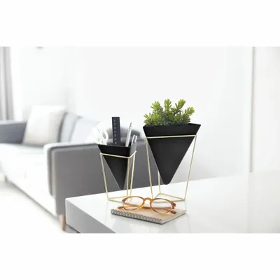 Image de Umbra Trigg Vase de table, cache-pot, décoration, céramique/métal, noir/laiton mat, lot de 2, 1004372-1137