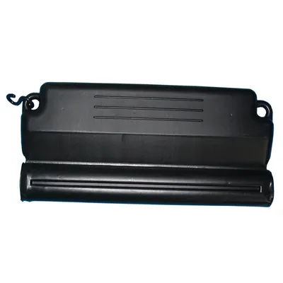 A black plastic object with a ribbed surface and a wire loop on the left side, isolated on a white background.