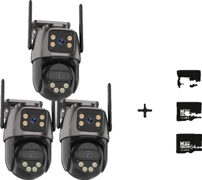 Imagen del producto de Cámara IP, resolución 4K, doble lente, incluye tarjeta de 64GB, con enchufe para la Unión Europea