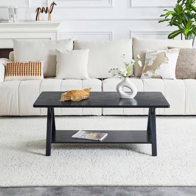 Produktbild von Moderner industrieller Couchtisch mit Stauraumregal schwarz Holzmaserung Metallrahmen 110 x 57 x 44,5 cm Wohnzimmertisch