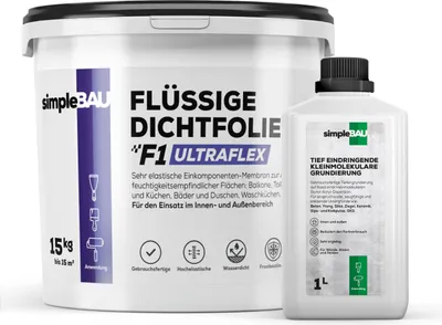 Produktbild von SimpleBau Flüssigfolie Dichtfolie F1 Ultraflex 15 KG, Gebrauchsfertig Abdichtfolie Wasserdicht + 1L Tiefengrund gebrauchsfertig , Dichte Einkomponent