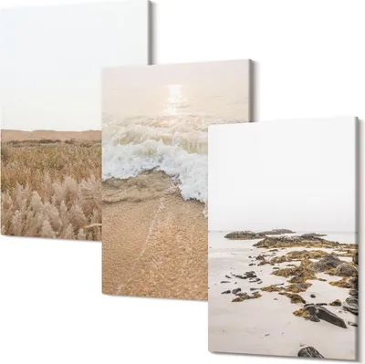 Produktbild von Leinwandbilder – Wandbilder – Leinwandbild – Canvas Bild – Polycanvas – Kunstdruck –  – Modern – Aufhängefertig – Mehrteilig – 3-Teilig – 40x60 Cm Pro Bild - Strand mit Wellen und Meeressteinen im Sommer