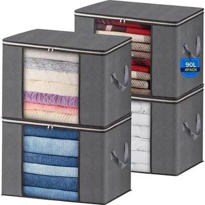 Productafbeelding van Unyqoos® Set van 4 extra grote, opvouwbare opbergzakken voor onder het bed, 60x40x35 cm (90 liter), drielaags non-woven materiaal, met zichtvenster en dubbele rits – ideaal voor kleding en dekens