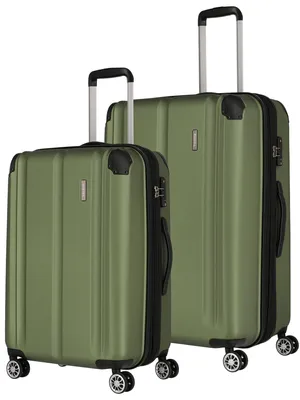 Two green suitcases of different sizes are shown side-by-side against a white background.