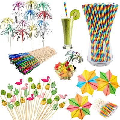 Produktbild von Party Zubehör 140 Stück Cocktail Deko Set Schirmchen Strohhalme Feuerwerksrührer Cocktailschirmchen Deko