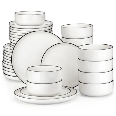 Zdjęcie produktu dla MALACASA Ceramiczny zestaw naczyń, elegancki okrągły design, opcje 18/36 elementów, 36-elementowy zestaw z czarną obwódką
