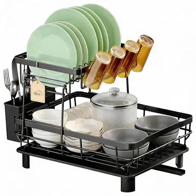 Image de Étagère à vaisselle à deux niveaux avec égouttoir - Pour assiettes et tasses