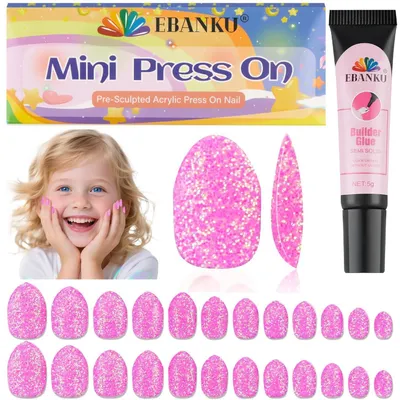 Zdjęcie produktu dla Sztuczne paznokcie dla dzieci, 24 sztuki, różowe, samoprzylepne, zestaw sztucznych paznokci dla dziewczynek