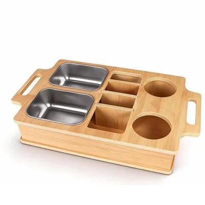 Produktbild von Couchbar Snackbox, Snackspender mit 3 Snackschalen, abnehmbarer Deckel, Sofatablett aus Holz, Couch Bar mit Getränkehalter, Snackbox mit Fächern