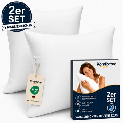 Produktbild von Komfortec Wasserdichter Kissenbezug 2er Set 50x50 cm mit Reißverschluss, Atmungsaktiv, Hypoallergen Kopfkissenbezüge, Anti-Milben, 2 Stück Kissenschoner, Weiß, KI-generiertes Bild