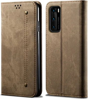 Produktbild von Huawei P40 Hülle, LaimTop Denim Leder Brieftasche Magnetverschluss Flip Bookstyle Schutzhülle mit Standfunktion für Huawei P40 Huawei P40 Khaki