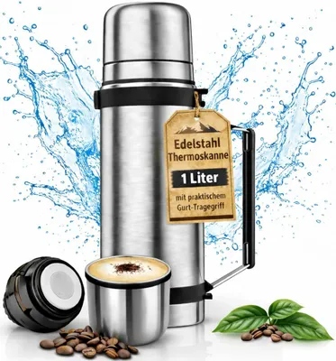 Produktbild von Edelstahl Thermoskanne 1L mit Becher & Tragegriff – Doppelwandige Isolierkanne, 12h Warm/Kalt, Auslaufsicher, Perfekt für Outdoor, Büro & Reisen