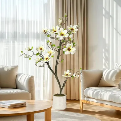 Produktbild von Künstlicher Magnolienbaum - Dekorativer Blütenzweig - 150 cm - Weiße Blüten und Blätter - In Vase - Für den Innenbereich