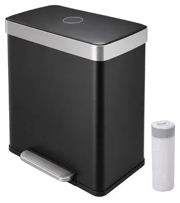 Immagine prodotto di Contenitore per rifiuti Relaxdays, 2 scomparti, 2 x 30 litri, contenitori interni removibili, sistema di chiusura ammortizzata, pedale, acciaio inossidabile, pattumiera a pedale per cucina, colore nero, Immagine generata dall'IA