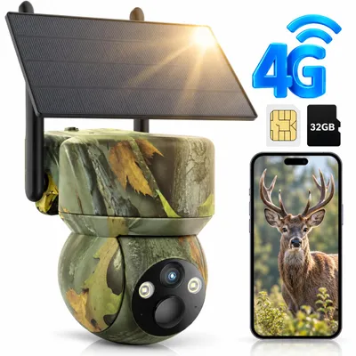 Zdjęcie produktu dla Kamera solarowa 4G LTE, 2K, 360° PTZ, z transmisją na telefon, karta SIM, 32GB pamięci, detektor ruchu, noktowizor, kamera do obserwacji dzikiej przyrody