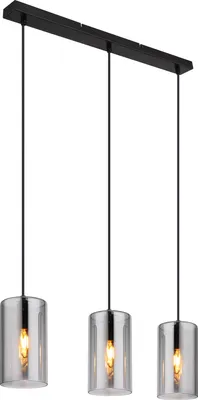 A black linear pendant light fixture with three cylindrical glass shades.