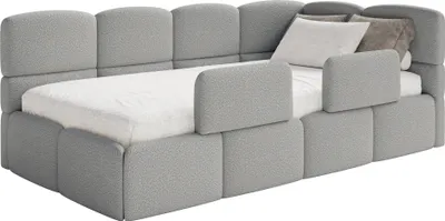 Produktbild von Selsey Cloudy – Kinderbett 120x200, Kopfteil rechts, Matratze & Bettkasten, Bouclé Grau