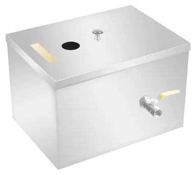 Zdjęcie produktu dla Separator tłuszczu do kuchni - separator tłuszczu ze stali nierdzewnej - pojemność 18–20 litrów - wymiary 35 × 25 × 23 cm - średnica wlotu 4,8 cm - średnica wylotu 4,8 cm - kolor srebrny