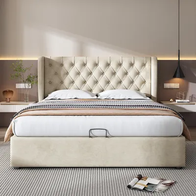 Immagine prodotto di okwish Letto imbottito 160×200 cm, Letto matrimoniale idraulico, Letto funzionale per ragazzi con contenitore e materasso, Tessuto di velluto, Beige, con materasso