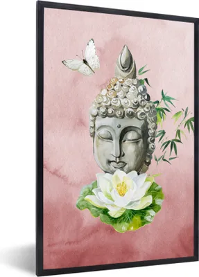 Produktbild von MuchoWow® MuchoWow® Gerahmtes Poster Buddha - Gesicht - Schmetterling 20x30 cm - Poster mit zchwarzem Bilderrahmen - Drucken - Bilder Poster im Rahmen