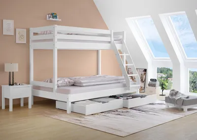 Produktbild von Doppel-Etagenbett 120x200 und 80x200 Erwachsenen-Stockbett Kiefer Massivholz weiß V-60.18W-08-12Rollrost und Doppelbettkasten inkl.