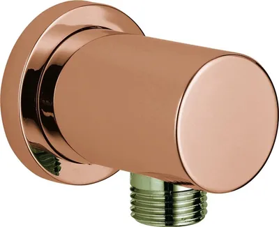 A close-up studio shot of a copper-colored shower arm connection fitting.