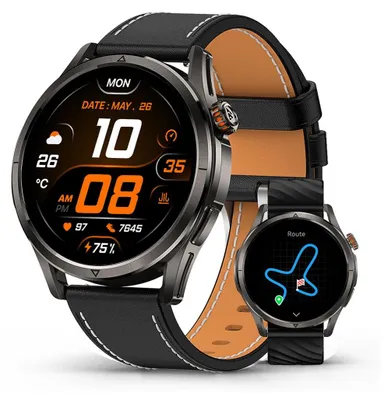 A smartwatch and a smaller smartwatch are displayed against a black background.