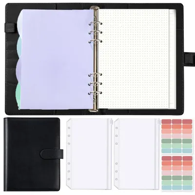 Image de Cahier A5 à spirales, rechargeable, noir, 150 feuilles. Classeur avec poches et intercalaires