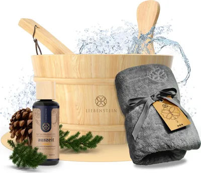 Produktbild von Liebenstein Sauna - Wohlfühl-Set (Saunaeimer, Saunahandtuch (anthrazit), Aufguss Auszeit")"