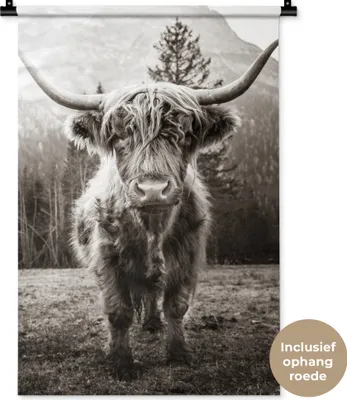 Produktbild von MuchoWow® Wandteppich Wandbehang Schottisches Hochlandrind - Tiere - Schwarz - Weiß 60x90 cm Tapisserie Dekoration Wandtuch - Foto-Teppich - Abwaschbar