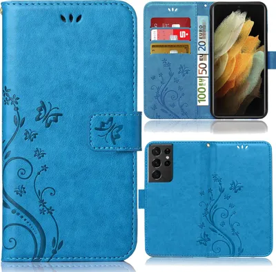 Produktbild von Handy Tasche für Samsung Galaxy S21 Ultra Schutz Hülle Handyhülle mit Blumenmuster Klapp Hülle mit Standfunktion und Kartenfächer Farbe: Blau