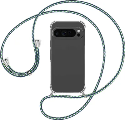 Produktbild von Handykette Backcover-Schutzhülle mit Band (Metall silberfarben) für Google Pixel 9 Pro - grün/blau/weiß