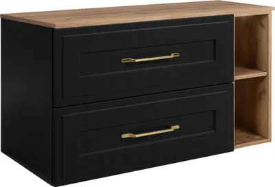 Zdjęcie produktu dla RODAN | Szafka Łazienkowa 80 cm - Czarny Mat - Metalowe Złote Uchwyty - CLASSIC - 2 Szuflady Soft Close - Brązowy Blat i Regał