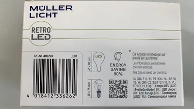 The image shows the packaging of a Müller-Licht LED bulb, featuring a barcode, product dimensions, and multilingual information.